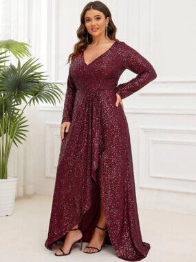 NWT Ever Pretty Syren Sequin V-Neck Gown with High Slit - Plus